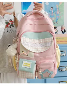 Japanese candy color large capacity student school backpack with cute plaid lace detail