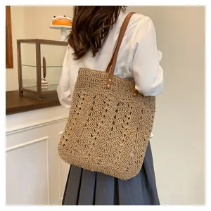 Borsa shopper in paglia intrecciata rétro da donna, elegante borsa a spalla da spiaggia.