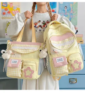 Japanese sweet candy color canvas school backpack and tote bag set for students daily use.