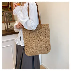Borsa shopper in paglia intrecciata da donna, borsa a spalla retrò per vacanze, grande capacità.