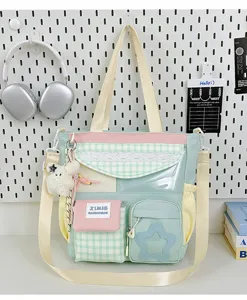 Japanese candy color canvas tote bag large capacity colorblock shoulder bag for student girls