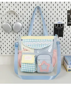 Japanese sweet candy color patchwork multi-pocket shoulder bag large capacity student tote bag