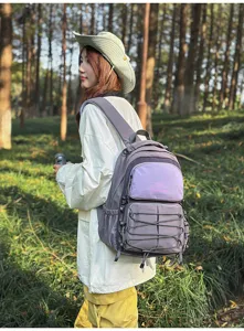 Detail view of the trendy color-blocking backpack, showcasing its large capacity and pockets.