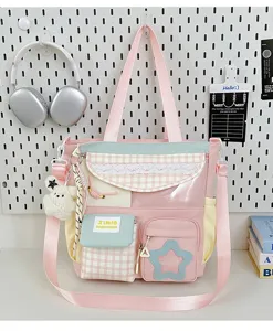 Japanese sweet color multi-pocket canvas tote shoulder bag for student school daily use