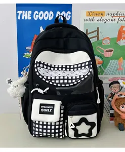 Japanese style colorblock large capacity student school backpack with cute pockets and plush toy.