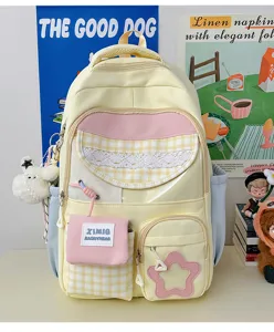 Details of cute Japanese pastel color backpack with sweet plaid, lace, and cute plush doll pendant.