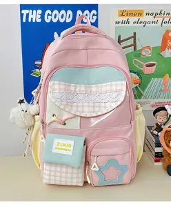 Japanese candy color large capacity school backpack with cute transparent pocket and plaid details.