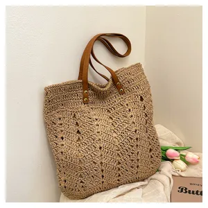 Borsa shopper in paglia intrecciata grande capacità borsa a spalla retro casual mare donna