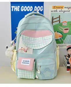 Detailed view of the cute candy color student backpack with multi-pockets and plush pendant.