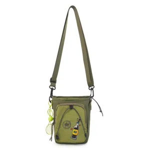Bolso bandolera de móvil en nailon verde militar con correa y bonito colgante de tenis.