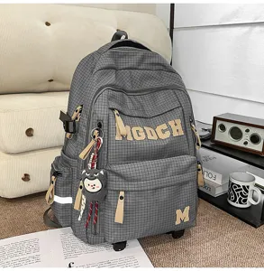 Grey plaid school backpack with wheels, large capacity student book bag with cute letters.