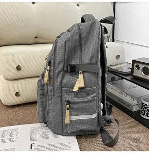 Grey plaid school backpack, large capacity casual daypack with multiple zipper pockets for students.