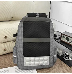 Grey plaid school backpack with breathable mesh back panel and large capacity for daily use.