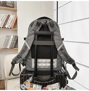 Backpack back detail showing breathable mesh padding, ergonomic straps, and luggage strap.