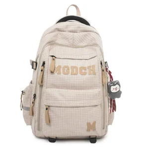 Large capacity student school backpack with grid pattern, stylish college style shoulder bag.