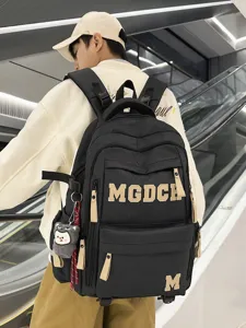 College style large capacity student school backpack, stylish black letter printed casual daypack.