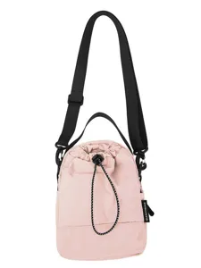 Pink casual drawstring bucket bag with black strap, minimalist style for daily fashion.