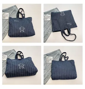 Borsa tote in denim a righe vintage stile coreano grande capacità borsa a spalla