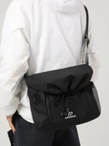 Cool Tooling Style Crossbody Bag For Men Women Large Capacity Nylon Shoulder Bag Casual Commuting Messenger Bag With Drawstring Mesh Pockets