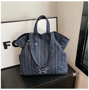 Borsa shopper in denim casual a righe, grande borsa a tracolla elegante da donna