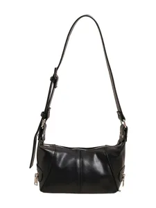 Black PU leather shoulder underarm bag for women, stylish vintage motorcycle style daily purse.