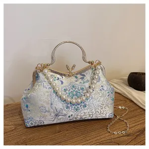 Sac de soirée brodé de style chinois avec poignée en perles et chaîne dorée élégante