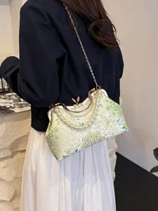 Sac à bandoulière rétro chinois en brocart floral avec poignée perles et chaîne pour femme