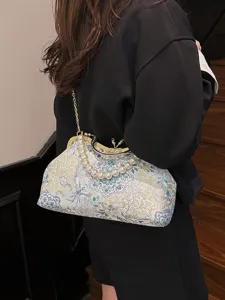 Sac de soirée chaîne brodé style rétro poignée de perle bandoulière pour femmes