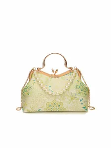 Sac de soirée vintage en brocart floral chinois avec poignée en perles et chaîne.