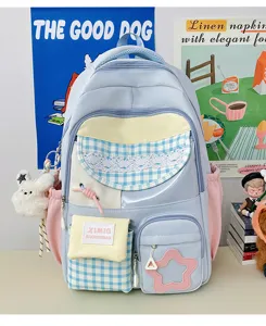 Cute Japanese style candy color large capacity colorblock student backpack detail view.