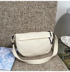 Japanese style casual canvas crescent crossbody bag, versatile women's shoulder bag with wide strap