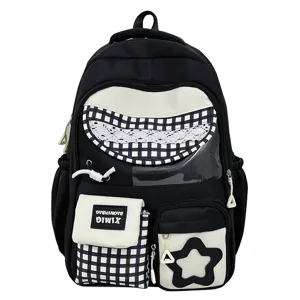 Detailed view of Japanese style black and white plaid school backpack with transparent window.