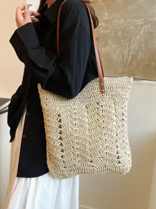 Borsa Tote da Donna Intrecciata in Paglia Retrò Grande Capacità Borsa a Spalla Quotidiano Casual Vacanza al Mare Fodera in Poliestere