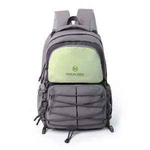 Detail view of the stylish large capacity colorblock backpack with front pocket and straps.