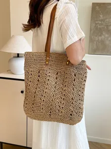Borsa shopper in paglia intrecciata da donna, grande borsa a spalla vintage per mare.