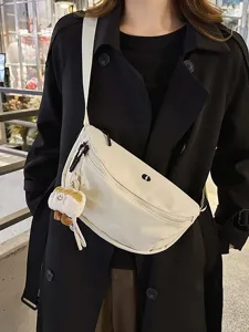 Japanese Harajuku Style Candy Color Nylon Chest Bag For Women Versatile Shoulder Crossbody Bag Casual Sports Waist Pack With Plush Pendant