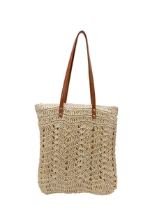 Borsa shopper in paglia da donna, borsa a spalla spiaggia retrò con manici in PU, capiente.