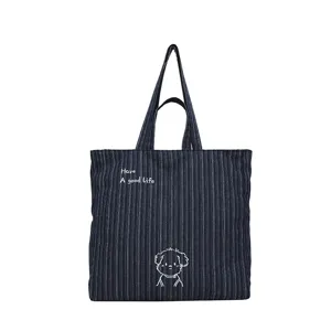 Borsa tote in tela coreana, borsa a spalla casual a righe verticali con grazioso cucciolo.