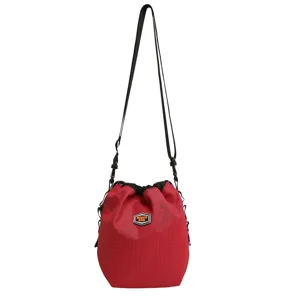 Red nylon drawstring bucket bag casual lightweight travel shoulder messenger bag daily use