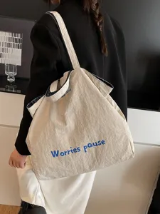 Grande borsa tote casual in tela per donne, elegante borsa a spalla con ricamo blu molto chic.