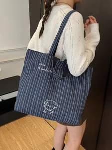 Borsa tote a righe casual da donna in stile coreano, grande borsa a tracolla per uso quotidiano.