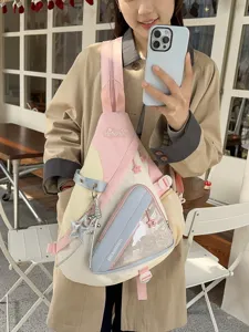 Borsa a tracolla colorblock stile giapponese da donna, grande capacità borsa casual da giorno.