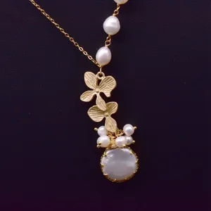 Close-up detail shot of a pearl flower necklace pendant showcasing delicate metal crafting and texture.