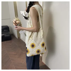 Sac cabas crocheté motif tournesol pour femme, sac porté épaule en tricot fait main.