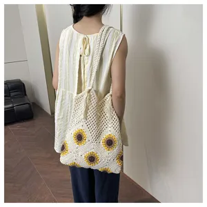 Sac cabas crochet tournesol chic, sac épaule plage en tricot décontracté pour femmes.