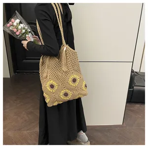 Sac cabas fourre-tout crocheté tournesol pour femme, sac épaule tricot ajouré vacances.