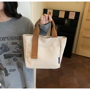 Borsa tote in tela casual con manici marroni, borsa a mano minimalista da donna.