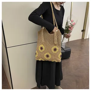 Sac cabas ajouré en tricot tournesol pour femmes, sac épaule chic de plage avec détails de franges.