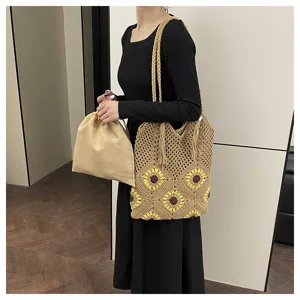 Sac Cabas Crochet Tournesol Tricot Ajouré Décontracté Plage Sac Épaule Femme Shopping