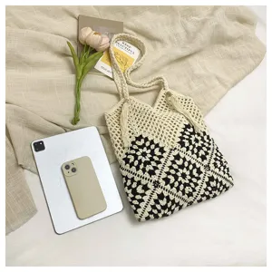 Sac cabas crocheté bicolore chic sac à main décontracté de plage pour femmes élégant